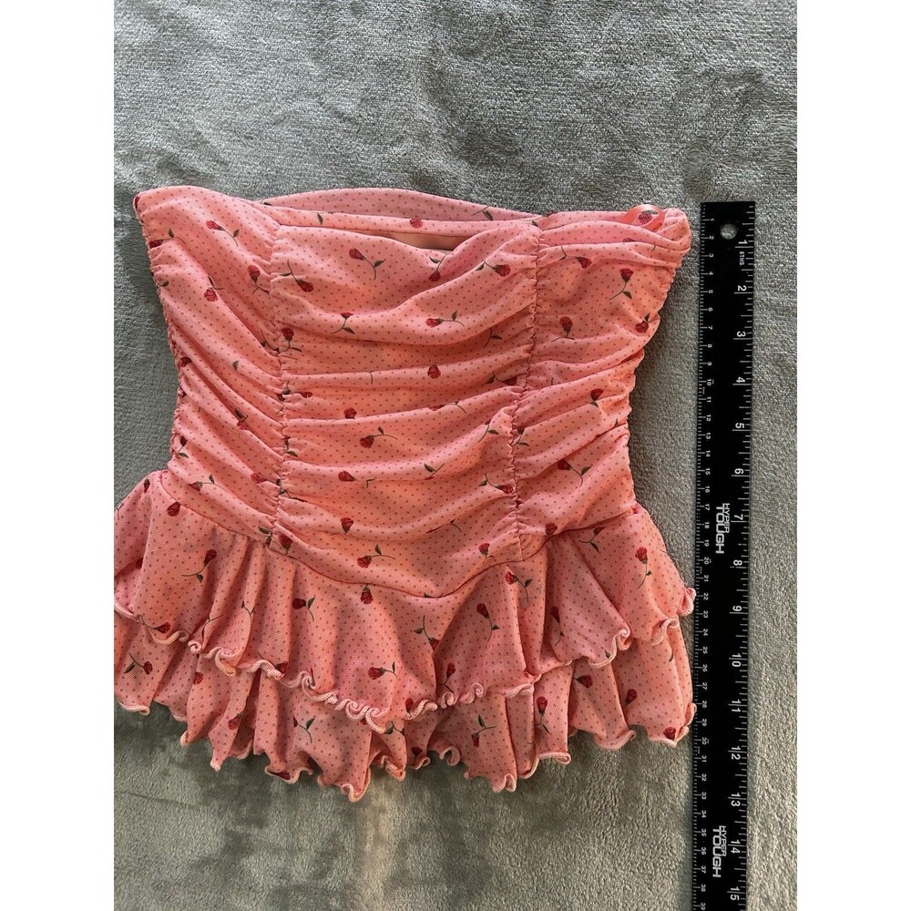 Kimchi Blue Urban Outfitters Pink Floral Mesh Ruched Strapless Peplum Tube Top M - Picture 2 of 6